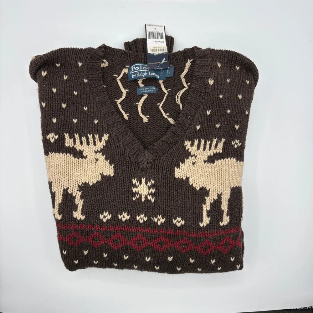 Polo Ralph Lauren Sweater Mens Large Brown Cotton Linen Moose Fair Isle V-Neck